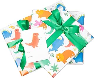 Dinosaur Wrapping Paper Set w/Ribbon and Tags - Birthday wrapping paper for boys - w/ 27" x 39" Folded Gift Wrap (3) + 3 Meters of Ribbon & 3 Gift Tags - Cute wrapping Paper, baby boy wrapping paper for Baby Showers, Dinosaur Birthday party, & More