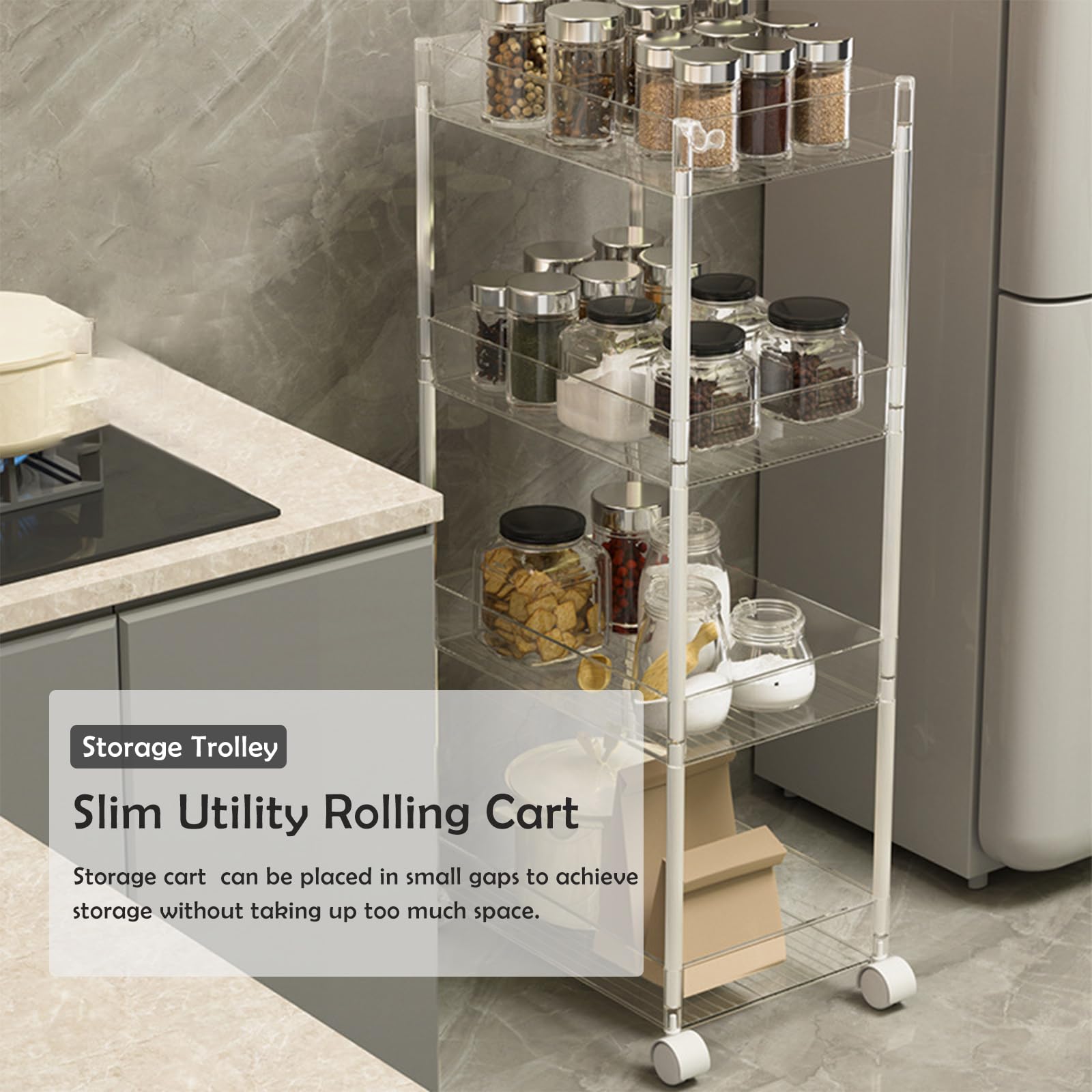 Carrito de almacenamiento de acrílico, carrito utilitario delgado con ruedas, diseño de 3 niveles para lavandería, baño y organización de cocina