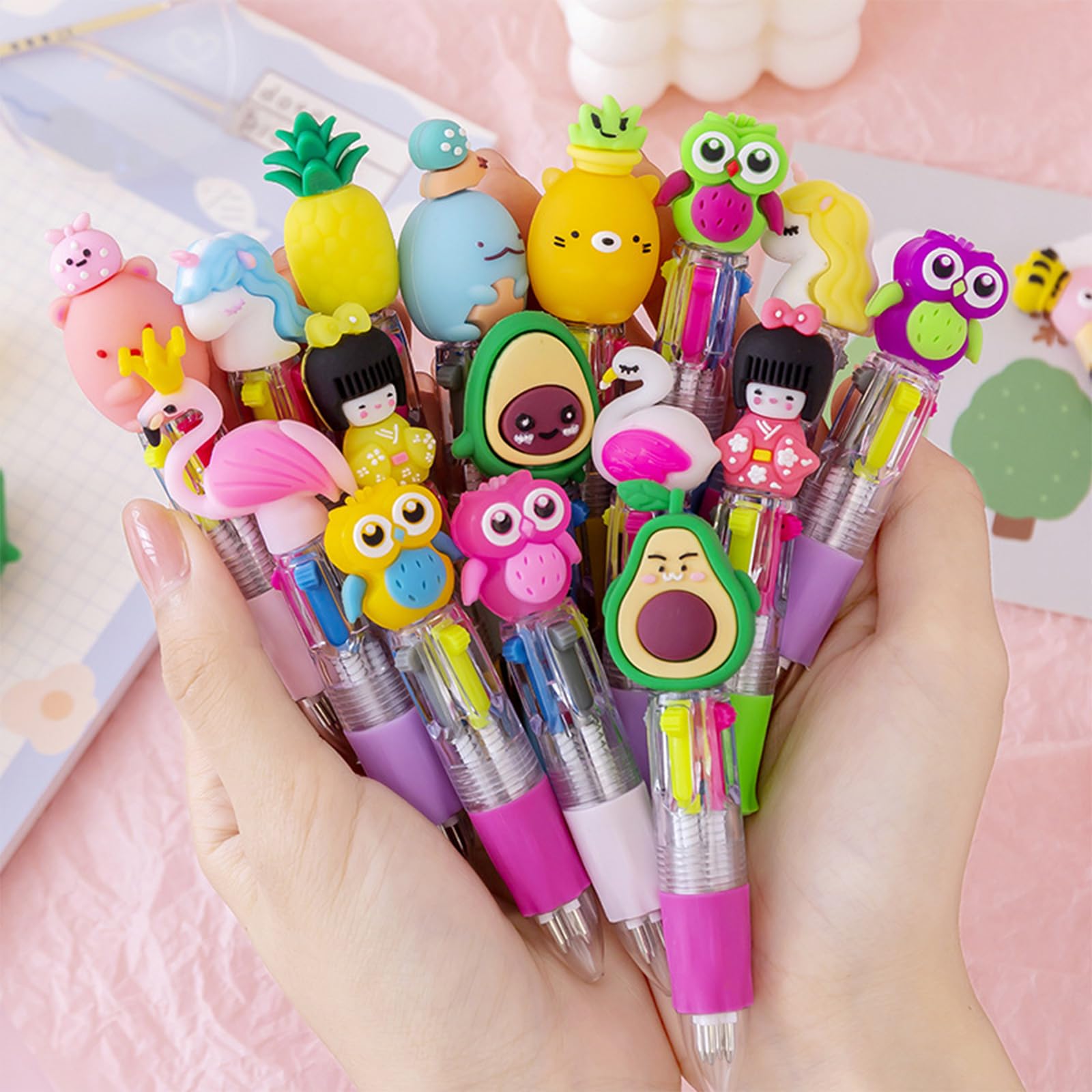 Penne Multicolore Set di Penne a Sfera 4-in-1 Retrattile con Animali Kawaii Gadget Compleanno Bambini