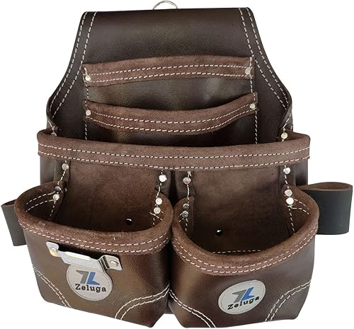 ZL122TB - Bolsa de herramientas de cuero resistente con 5 bolsillos, color marrón