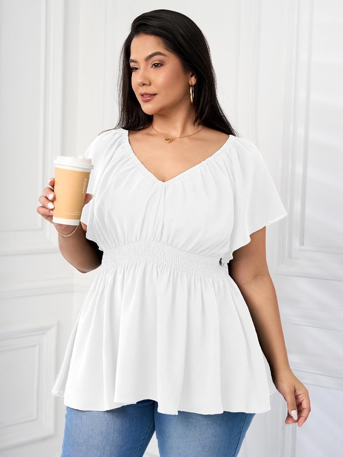 Womens Plus Size Tops V Neck Short Sleeve Blouse Babydoll Ruffle Peplum Smocked Dressy Casual Summer Top - Image 4