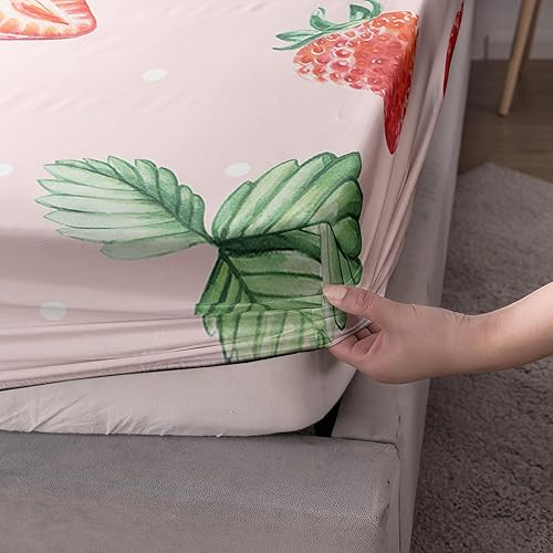 Miniatura 4 de AILONEN Juego de sábanas bajeras de fresa tamaño individual, juego de sábanas bonitas de fresa para niñas, juego de sábanas temáticas rosas, 3