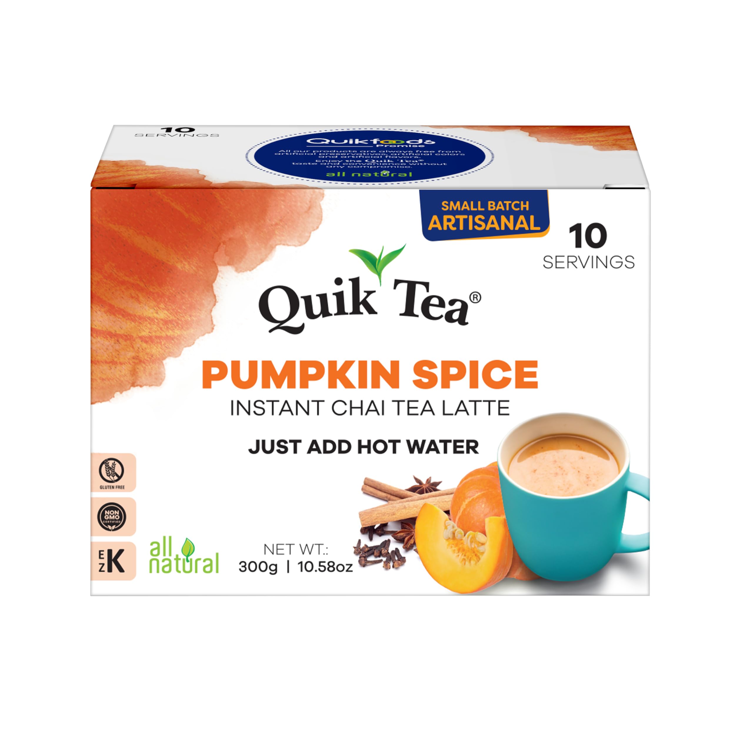 QuikTea Pumpkin Spice Chai Tea Latte – 10 Count, Bold Pumpkin Spice Flavor, Naturally Caffeine-Light, No Preservatives – Just Add Hot Water