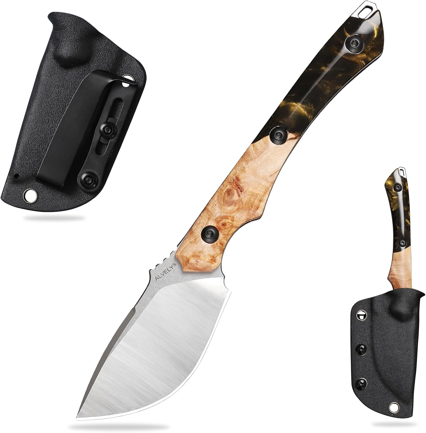 Handcrafted DC53 Steel Fixed Blade Knife，unisex everyday carry knife, tactical K-style sheath, resin and maple wood handle. Suitable for outdoor hiking, fishing trips, Survival camping expeditions, and as a multi-purpose utility knife. (dark brown)