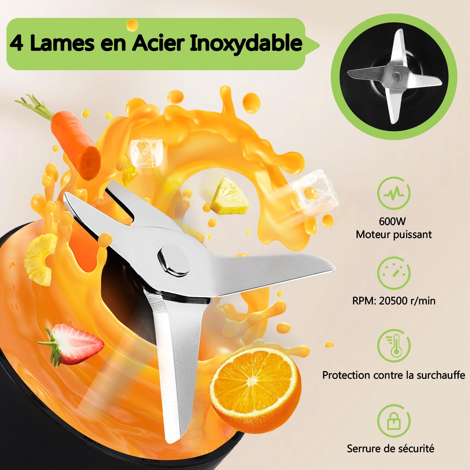 Aigostar Blender Portable, Mixeur Blender avec 2 Bouteilles Portables de 800ml, pour Smoothie Milk-shake Fruits, Puissant 600W. Sans BPA. avec Couvercle pour Maison, Camping et Voyage.