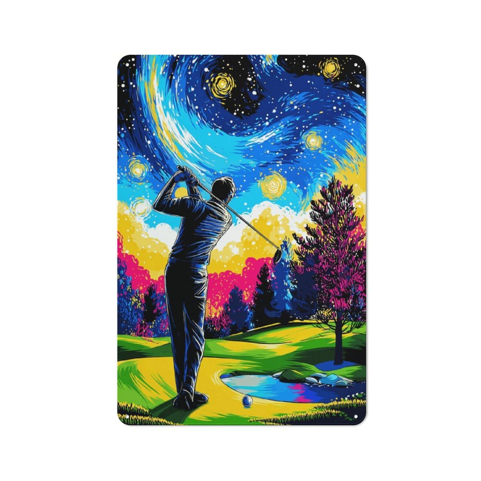 Junmoney Starry Night Golf Swing Printed Metal Sign 30X20cm For Hobby Room Or Studio, Gift Idea At Christmas For Creative Interior Collectors