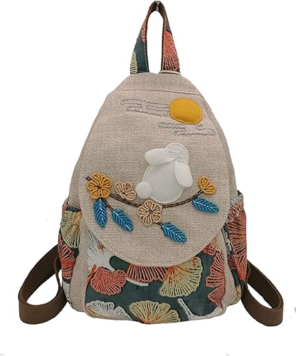 HUANGGUOSHU Mochila de lona bohemia tejida de algodón para mujer, con múltiples bolsillos, estilo retro, linda mochila tipo cartera, Yutu Luna,