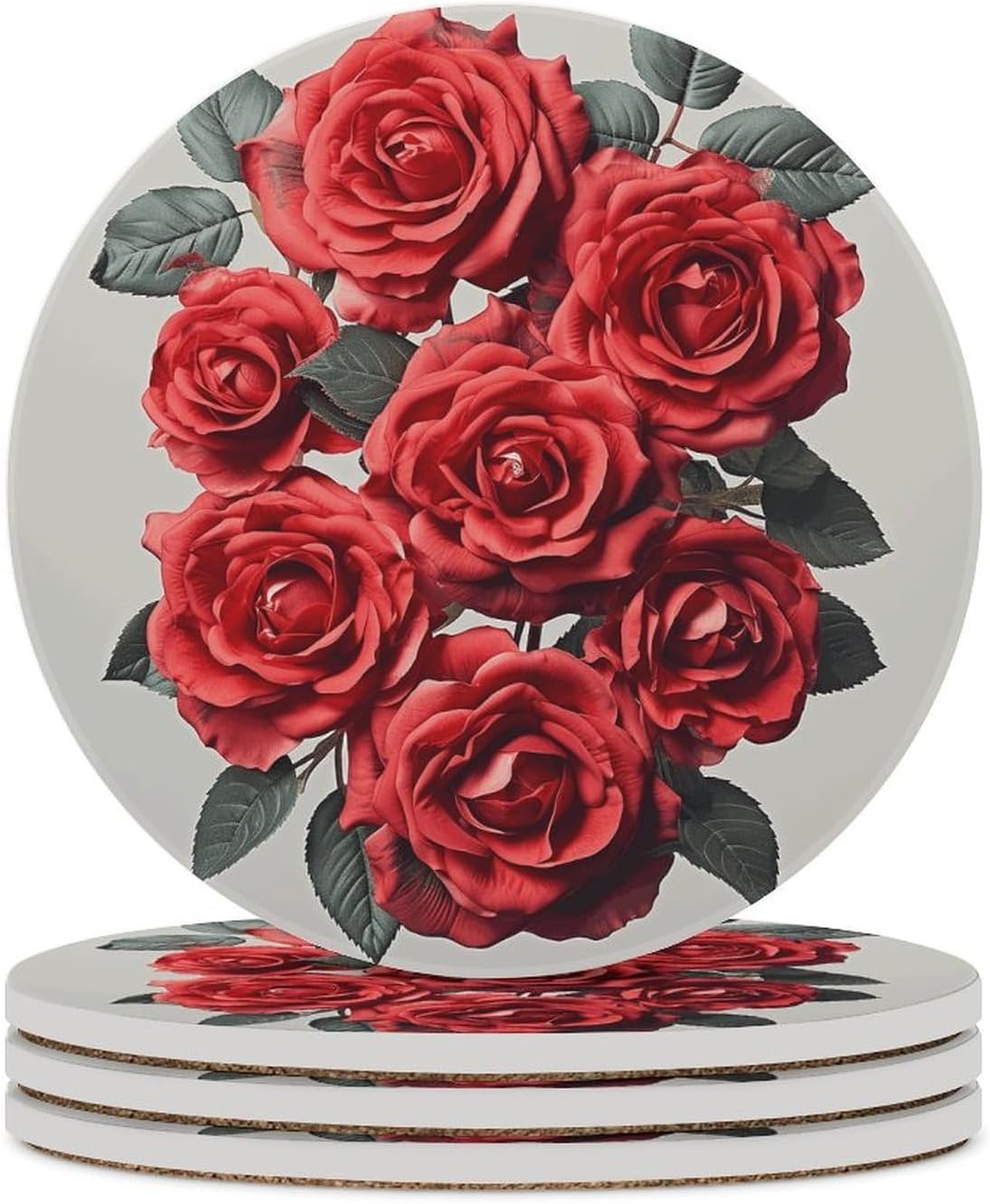 6PCS Red Rose Flower Cluster Coasters Non-Slip Round Drink Coasters with Ceramic Stone and Cork Base, Heat Resistant Absorbent 33.00Stone Coaster Set for Kinds of Mugs and Cups, 4 Inch