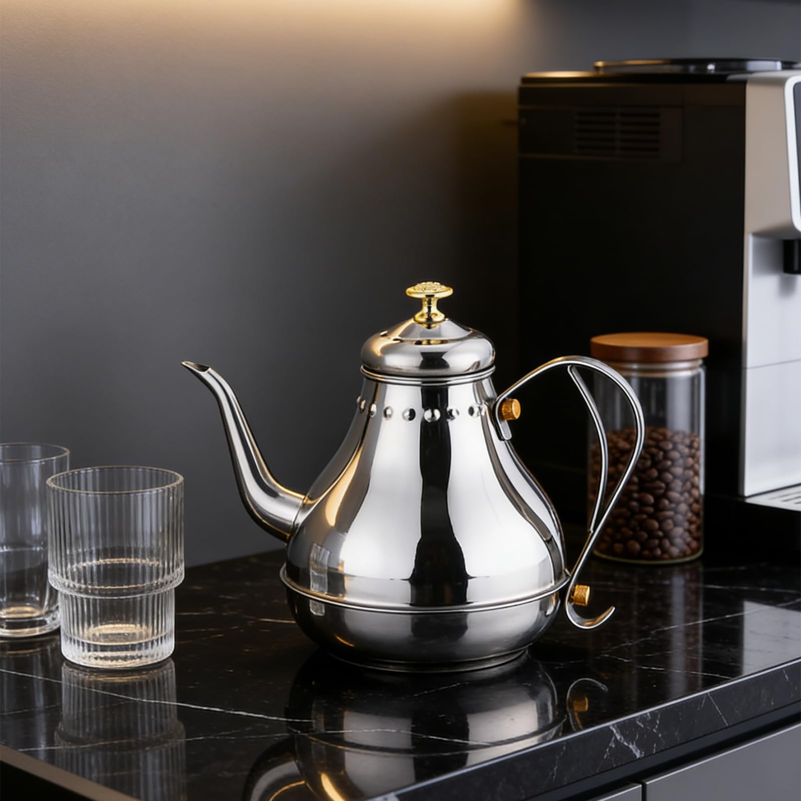 Théière en acier inoxydable avec infuseur de 1,2 l - Pour cuisinière à induction, anti-gouttes, isolation thermique