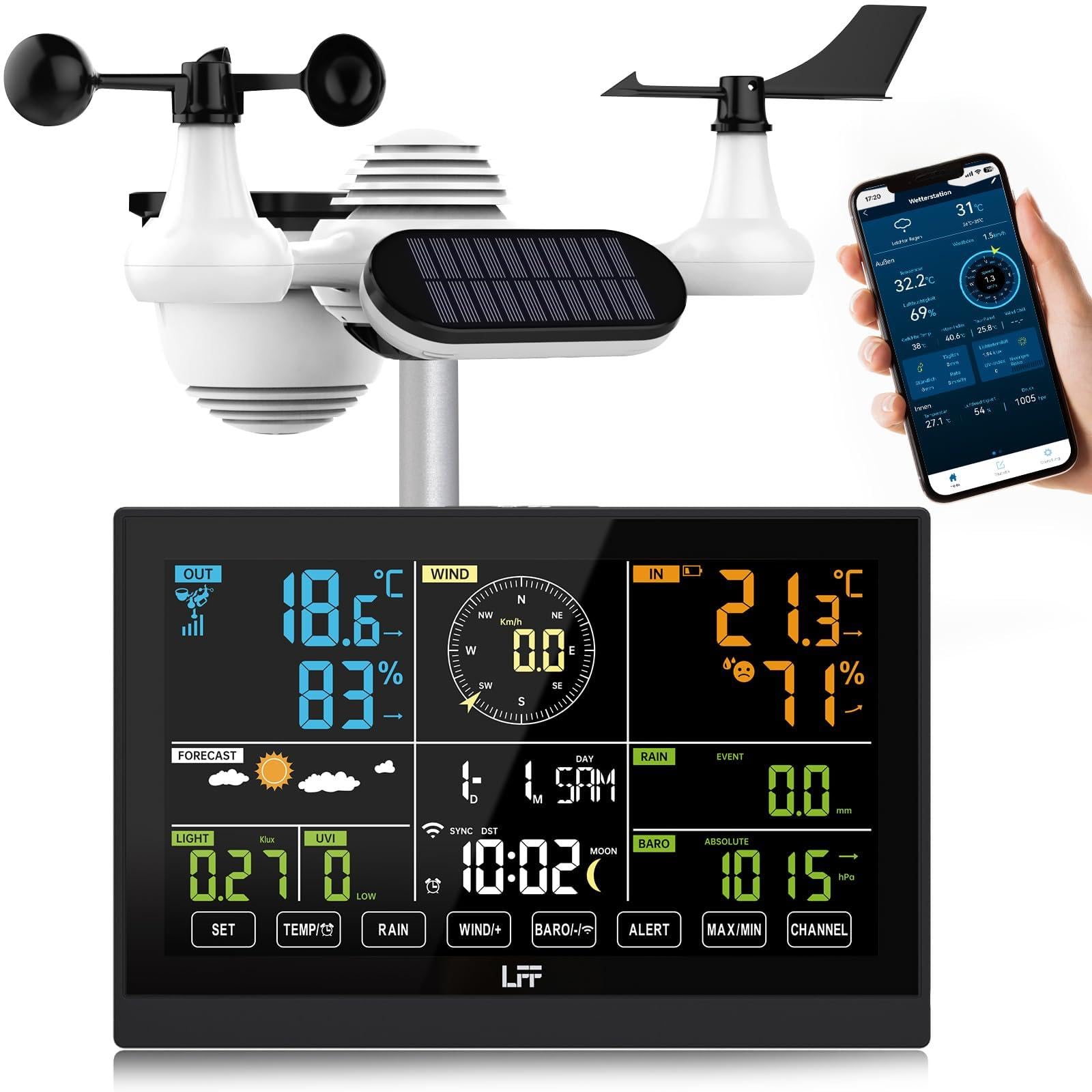 LFF WLAN Wetterstation mit Funk mit Außensensor, 7in1Wifi Funkwetterstation mit APP, 7,5-Zoll Farbdisplay, UV-Index, Windgeschwindigkeit, Windrichtung, Niederschlag, Temperatur, Luftfeuchtigkeit