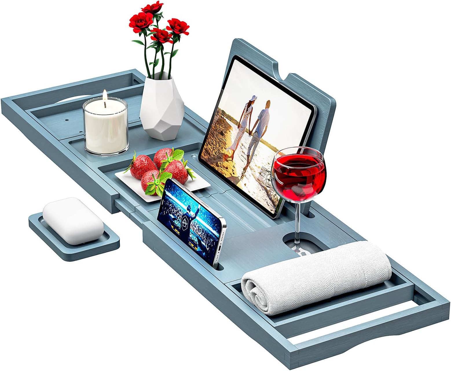 Bamboo Bathtub Caddy Tray - Bath Tray - Bath Tub Tray Table for Bathtub - Expandable Size (Gray)