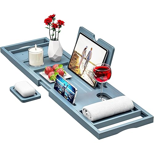 Premium Bamboo Bathtub Caddy - Expandable Size, Fits Most Bath Tubs - Grey