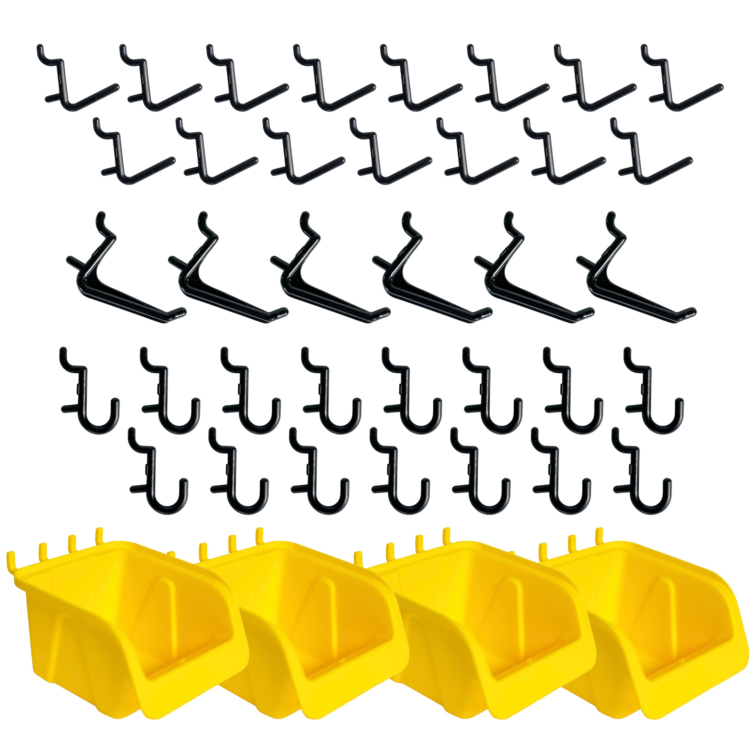 WallPeg Pegboard Bin & Peg Hook Assortment Set – Peg Board Accessories for Organizing Tools, Garage, and Workshop, 4 Yellow Bins with J, L, and Jumbo Style Hooks