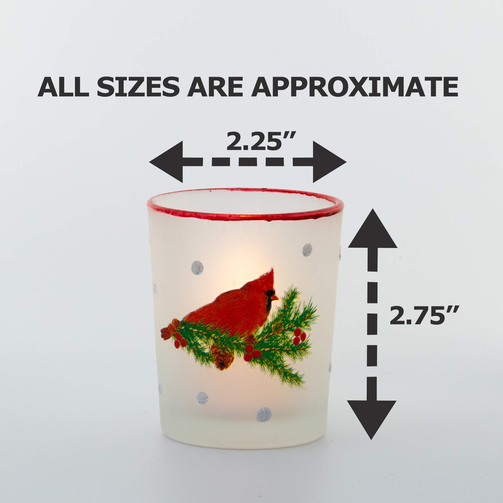 Votive Candle Holders - Set of 3 - Christmas Cardinals with Berries Pine Cones on Frosted White Glass Candleholders -Candles Included - 2.75