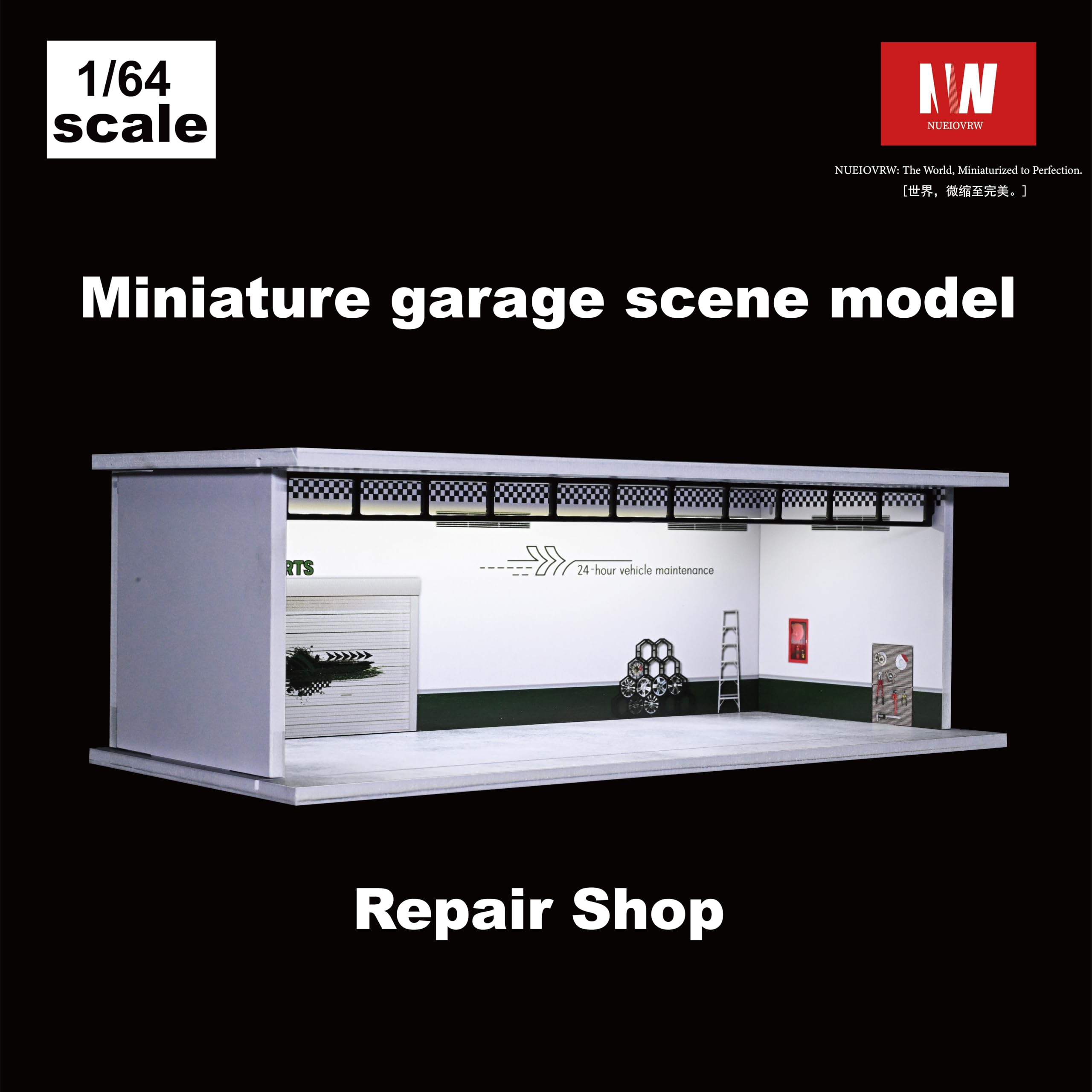 Modèle de garage diorama 1/64, avec éclairage LED, ville, salle d'exposition, scène de parking, échelle 1/64, boîtier d'affichage de garage pour modèle de scène de voiture, jouet idéal (Repair Shop)