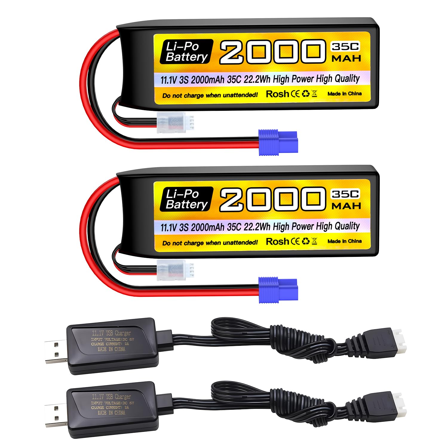 2PCS 3S Lipo Batteria 11.1V 2000mAh 35C EC2 Plug con cavo di ricarica USB per RC Auto Camion RC Barca RC Quadcopter FPV Drone Batteria