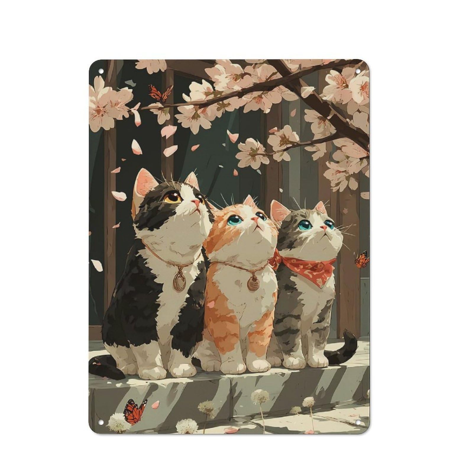 Junmoney Three Cats Under Cherry Blossoms Office Metal Sign With Design 40X30cm, Classic Studio Wall Plaque For Home Office, Reading Corner Or Bedroom