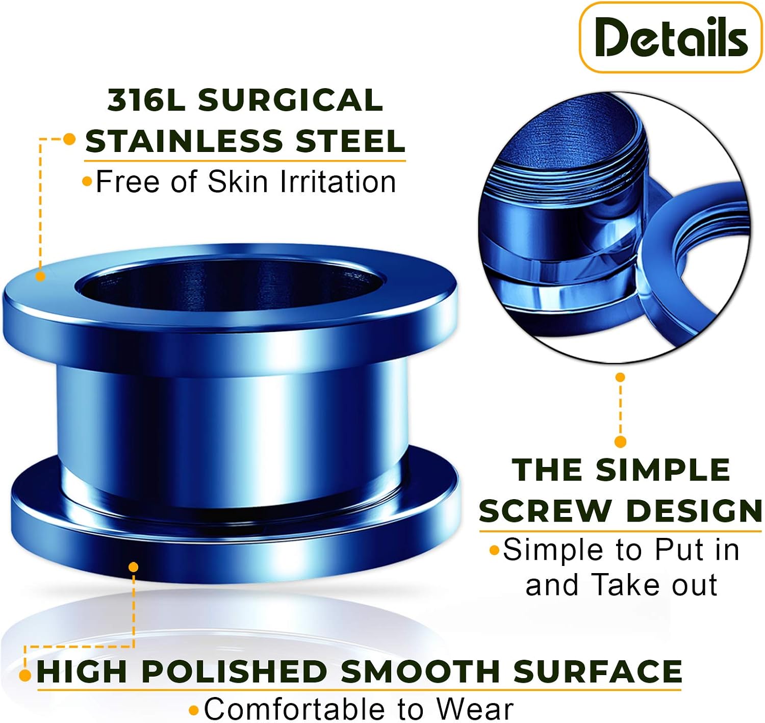 Pair of 316L Surgical Steel Dark Blue Anodized Screw-fit Piercing Jewelry Ear Stretching Lobe Plugs flesh Tunnel Earring