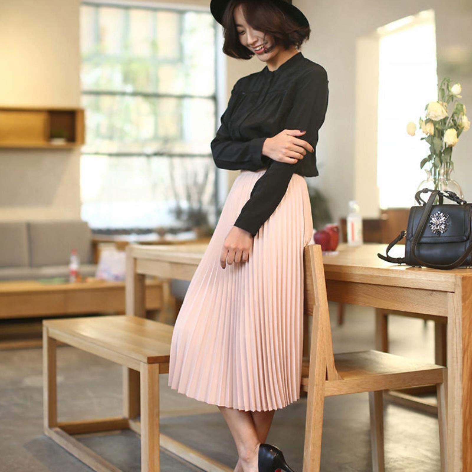 Jupe plissée Mode Femmes Taille Haute Plissée Jupe Élastique De Demi-Longueur De Couleur Solide