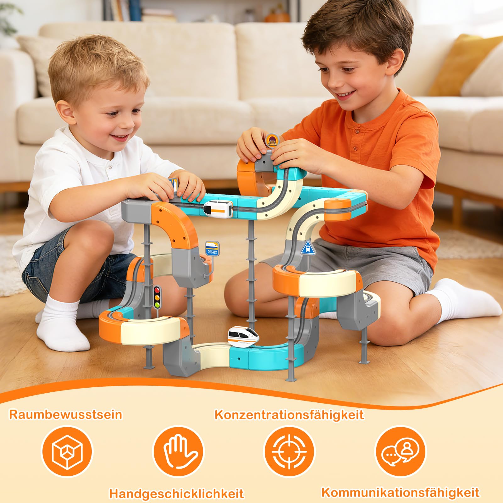 Clickrail Electric Train Set Flexible Race Track 124PCS – Cube Track Block Zug mit Schwerkraftdefying 3D-Layouts, Zahnradschiene Blöcke & Motorisiertem Zug, Toy Gifts für Kinde(124)