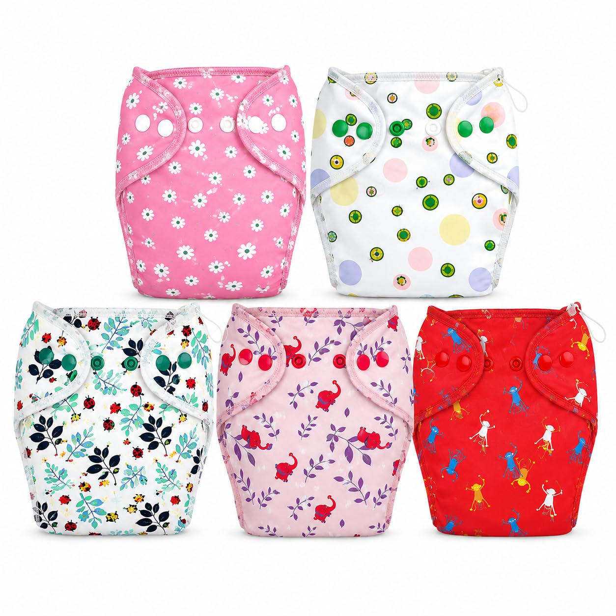 Bumberry New & Improved Smart Nappy Cloth Diaper for Newborn Baby | LXL | 10 - 18 Months | Reusable & Washable Baby Diaper | Extra Absorbent, Leak Protection, Stay Dry & Soft | Holds Up to 3 Pees | Pack of 5 ,Kit 2
