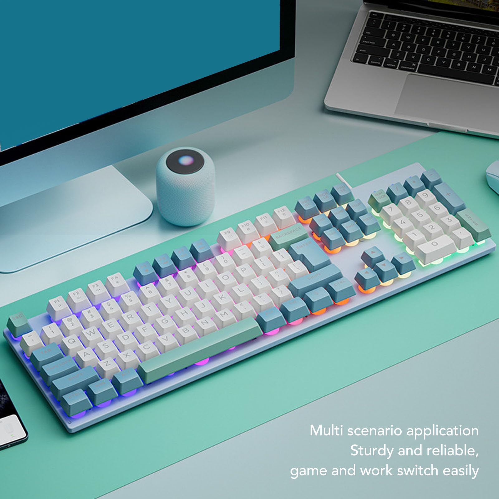 Przewodowa Klawiatura do Gier, Podświetlana Klawiatura do Gier RGB z Dużym Metalowym Panelem z Nadrukiem, Podświetlana Klawiatura Teclado Mecanico do Laptopa Komputerowego (Sky