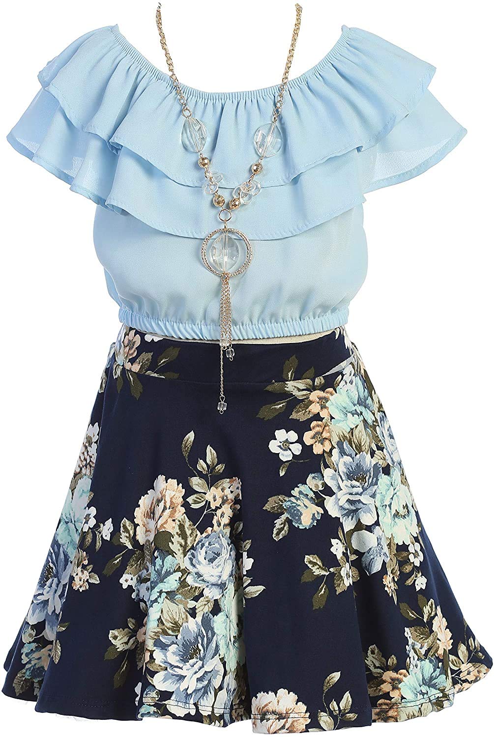 iGirlDress Girls Off Shoulder Crop Ruffle Layered Top and Skirt Set Outfit USA 4-14