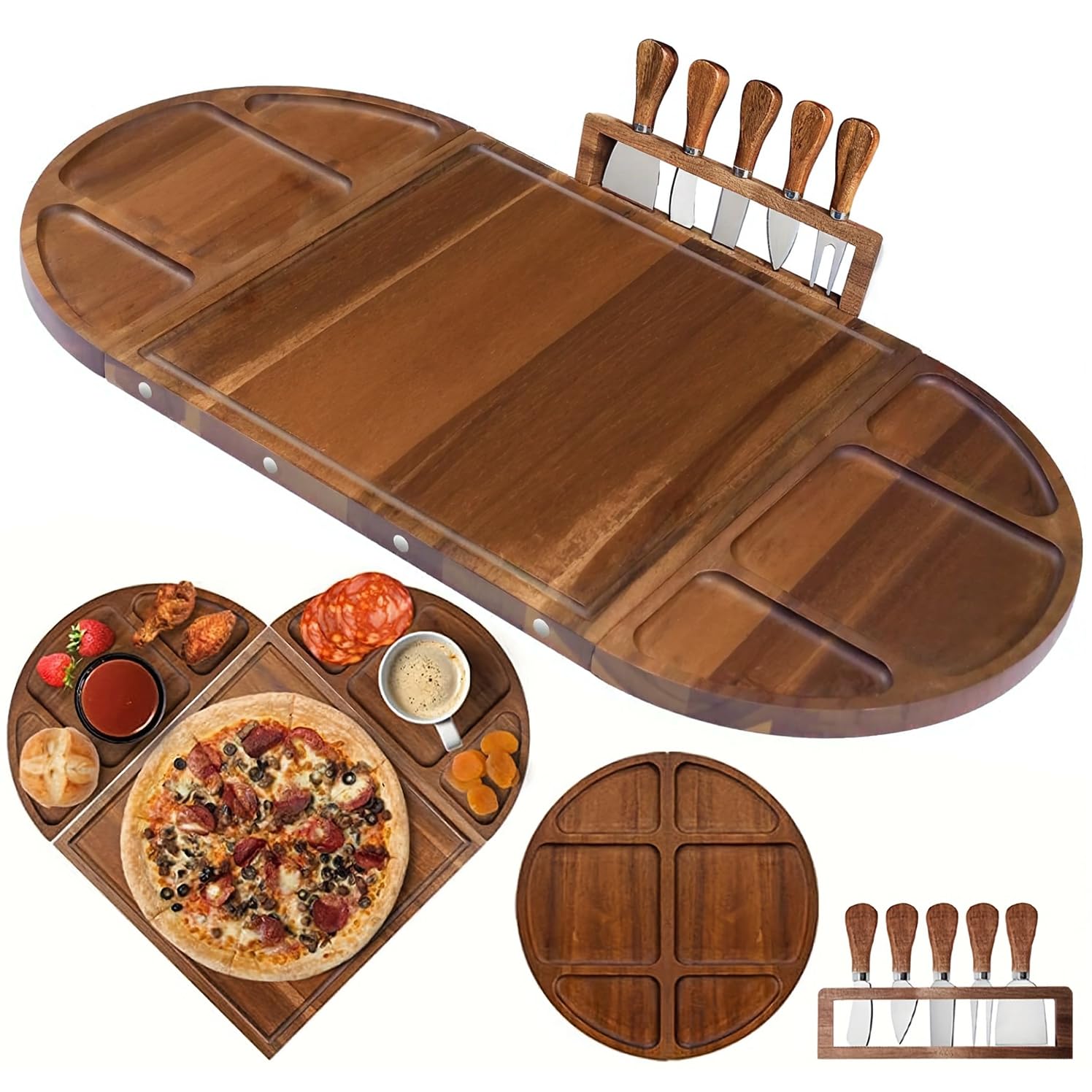 Set di taglieri per salumi in legno di acacia grande, 66 x 33 cm, con 5 coltelli da formaggio e vassoio da portata magnetico a 3 sezioni - Perfetto per bridal shower, inaugurazione della casa e regali