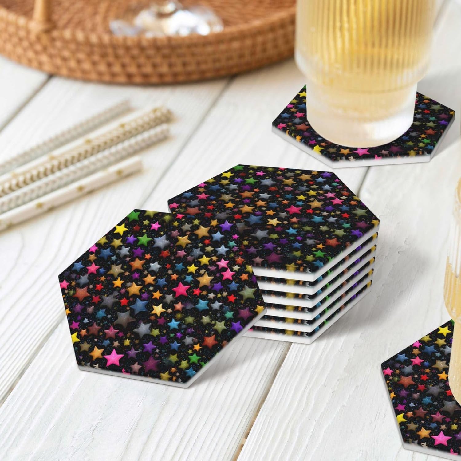 (Many Stars) Ceramic Coasters Set of 6 with Holder Non-Slip Hexagon Coffee Coasters for for Cup Mug Drink Patio Coffee Table Decor, Christmas Coasters Home Bar Supplies