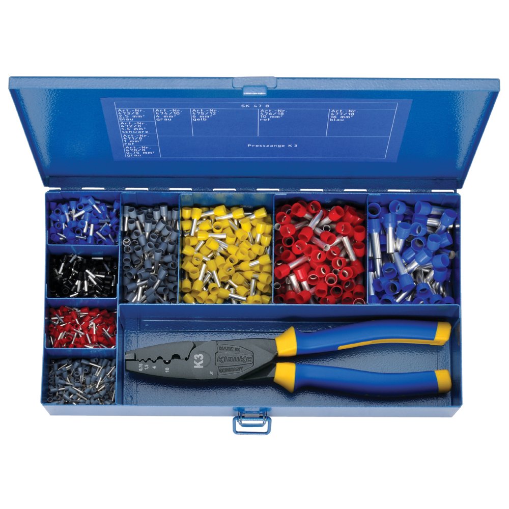Pince à sertir Klauke sk47b avec son coffret bleu et jaune 285x155x45 mm