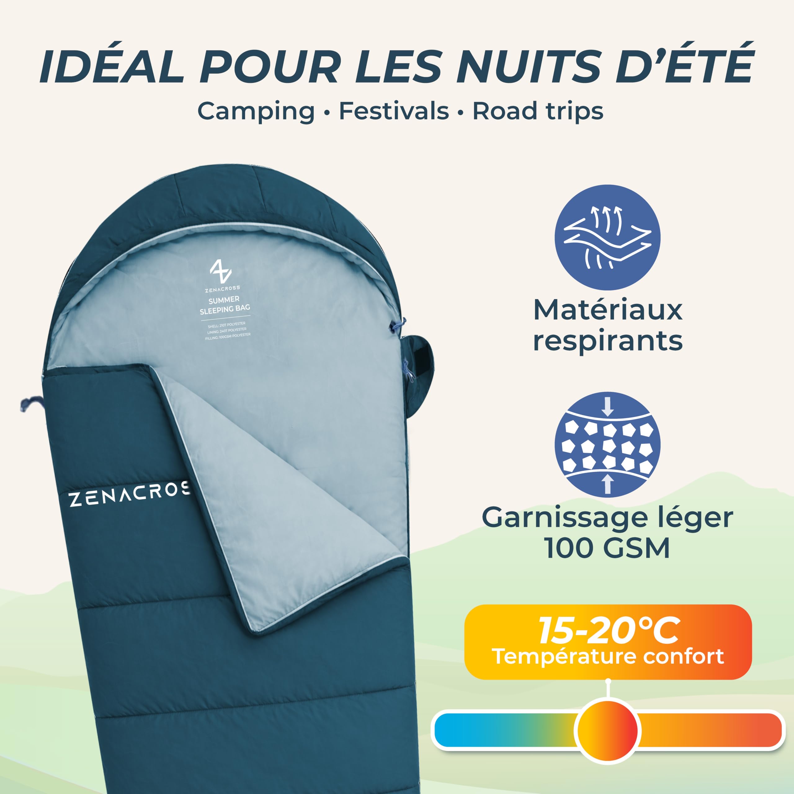 Zenacross Sac de Couchage Adulte Ete - Duvet 1 Personne Compact & Ultra Léger (900g) - Sacs de Couchage de Camping et Randonnée, Festivals - 3