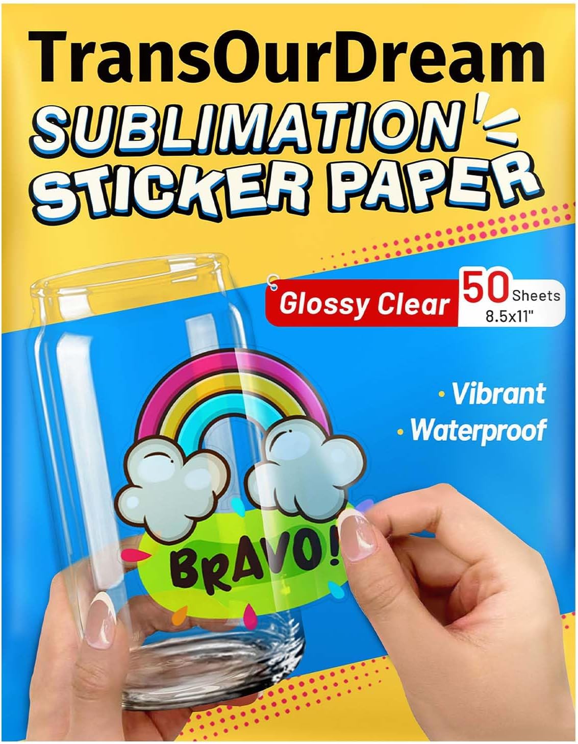 TransOurDream Sublimation Sticker Paper-50 Pcs 100% Glossy Clear Waterproof Heat Transfer Stickers 8.5x11 for Sublimation Inkjet Printer with Sublimation Ink, Decoration for Mugs, Phone Cases, Tumbler