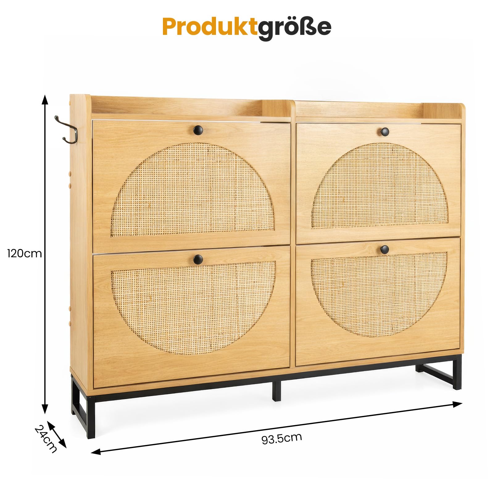 Rattan Schuhschrank Schmal, 2/4 Klapptüren, Platzsparender Schuhkipper mit verstellbaren Böden, 23,8 cm tief, Kippsicherung, Großer Schuhschrank für Eingang, Flur, Wohnzimmer (4 Klappen)