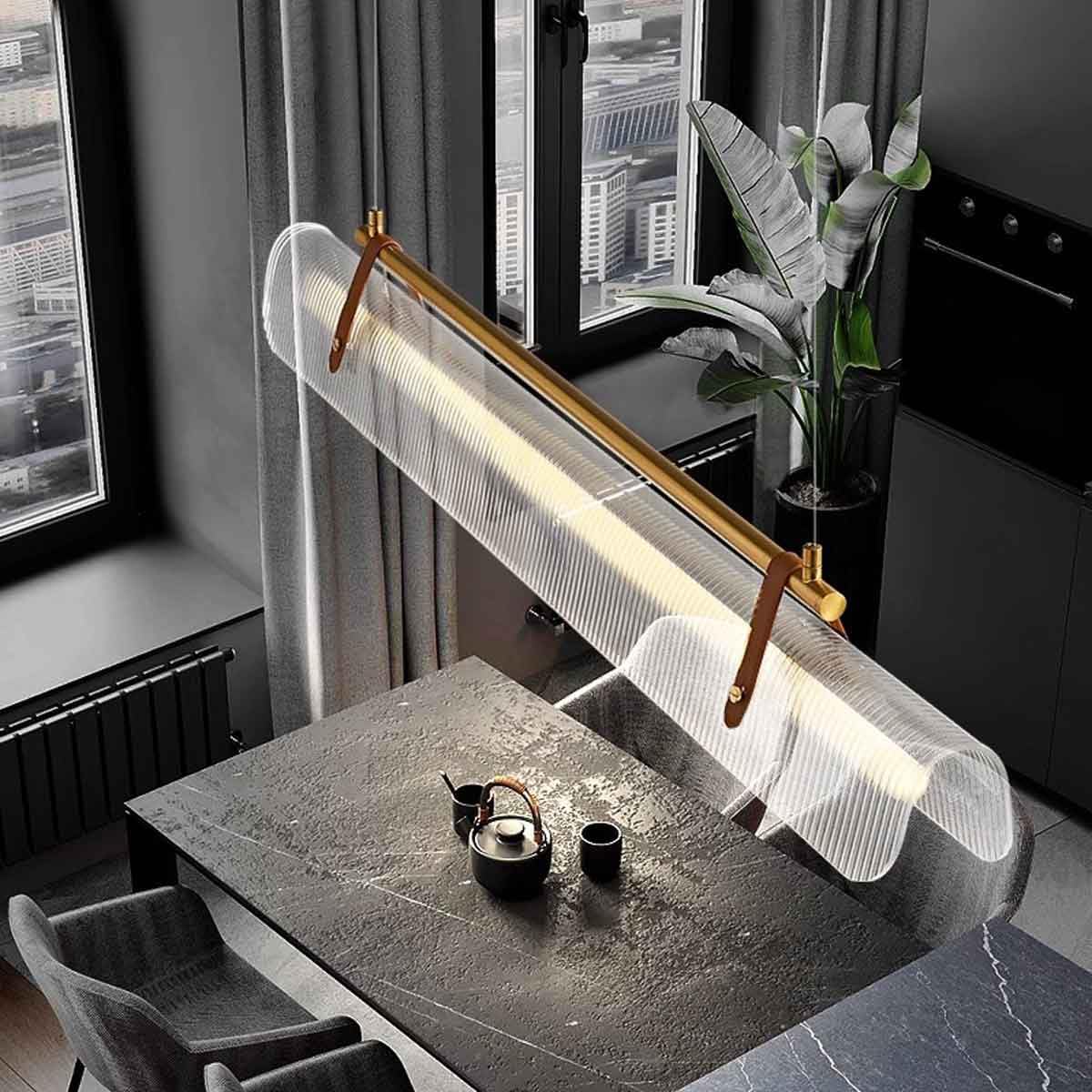 Lampadari a Striscia per Isola Cucina, Lampada a Sospensione LED Moderna con Cambio di Colore a 3 tonalità, lampadario a Sospensione in Acrilico Trasparente Dorato sopra Il Tavolo