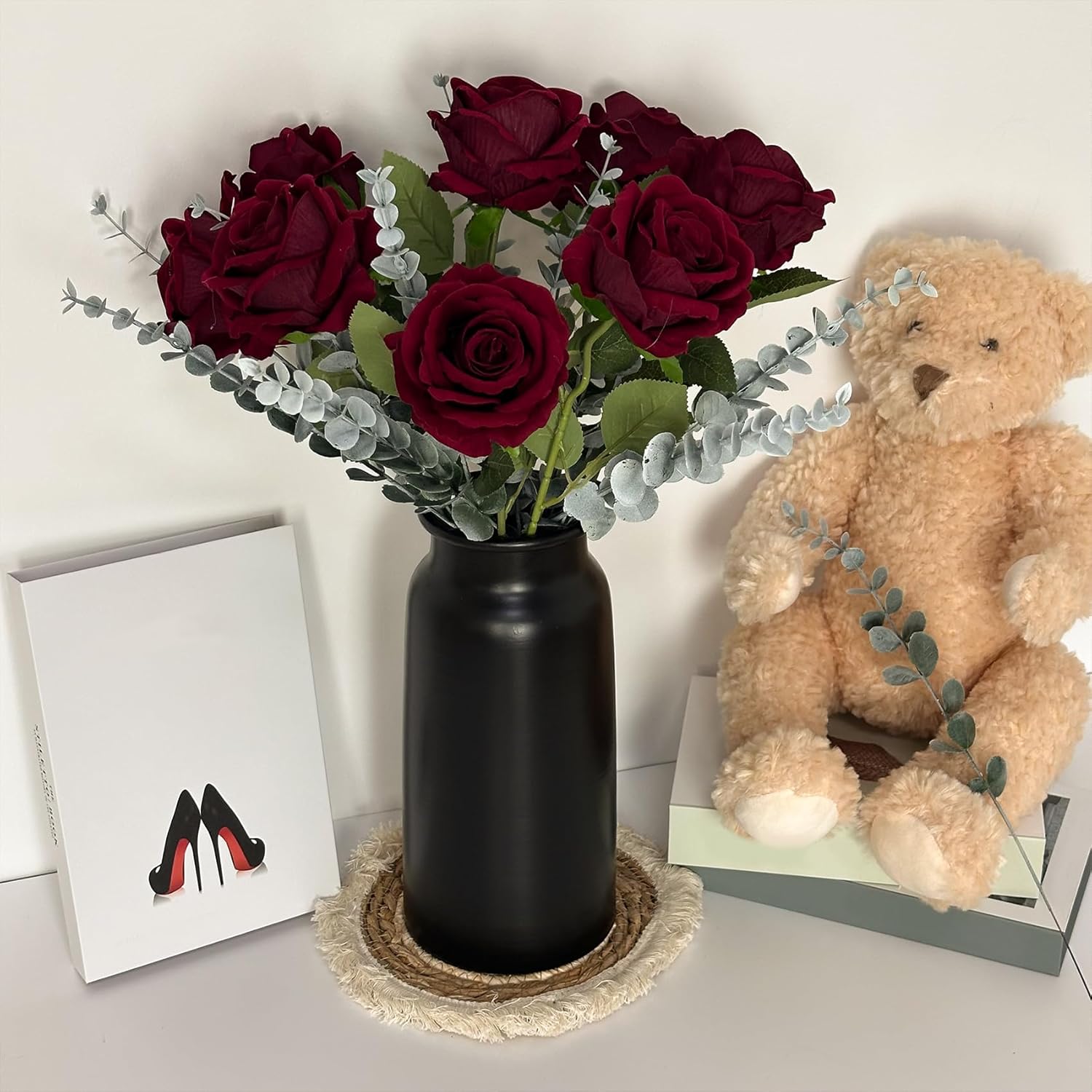 Matt Black 10.67" Metal Cylinder Flower/Plants Vase for Office Desk Book/Bathroom Shelf, Vintage Retro Decor Aesthetic for Entry Coffee Table, Halloween Bookshelf Housewarming Decoration Centerpieces