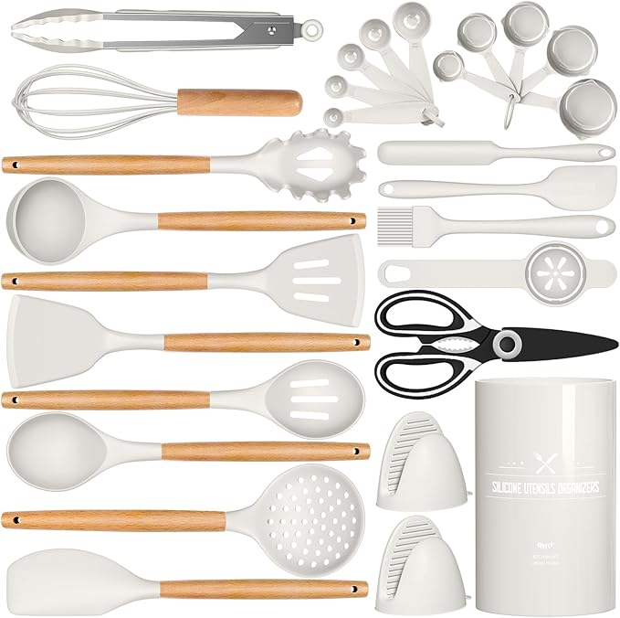 Silicone Cooking Kitchen Utensils Set, AIKKIL 28PCS White Cooking Utensils Set with Wooden Handles, Tongs, Spatula, Pasta Server, Kitchen Gadgets Tools Set For Non-Stick Cookware(BPA Free)
