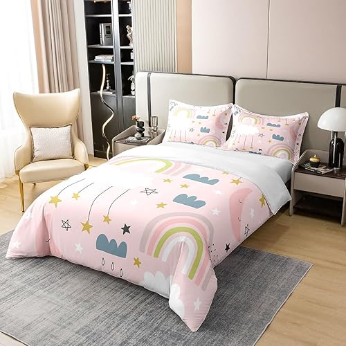Miniatura 2 de Erosebridal Juego de ropa de cama tamaño individual de arcoíris rosa, 100 % algodón, funda de edredón con diseño de estrellas y luna, para niñas,