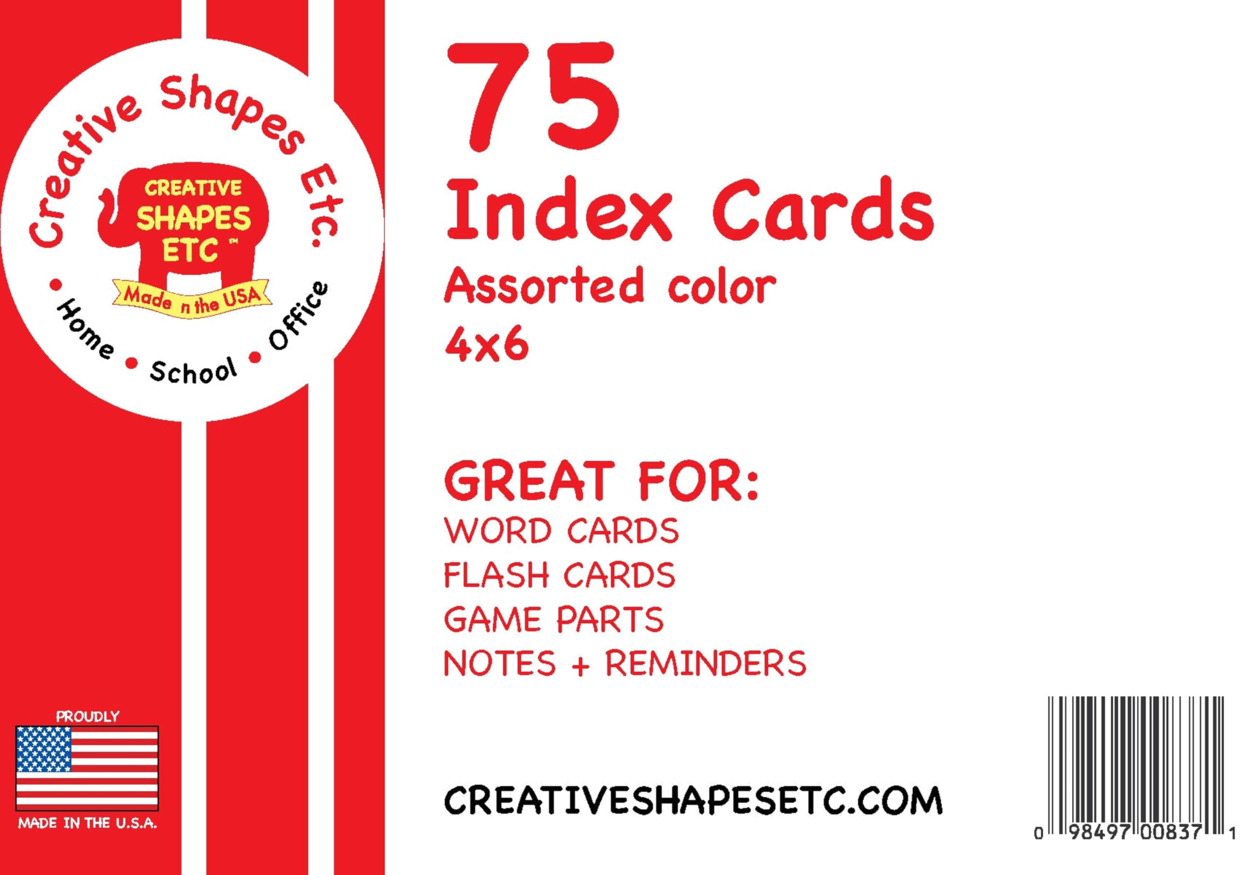 Blank Index Cards- 4" x 6" Assorted Neon Colors, 75 cards per pack for School, Flash Cards, Word Cards, Learning, Memory, Notes, Recipe Cards, Game Parts, Home, Office