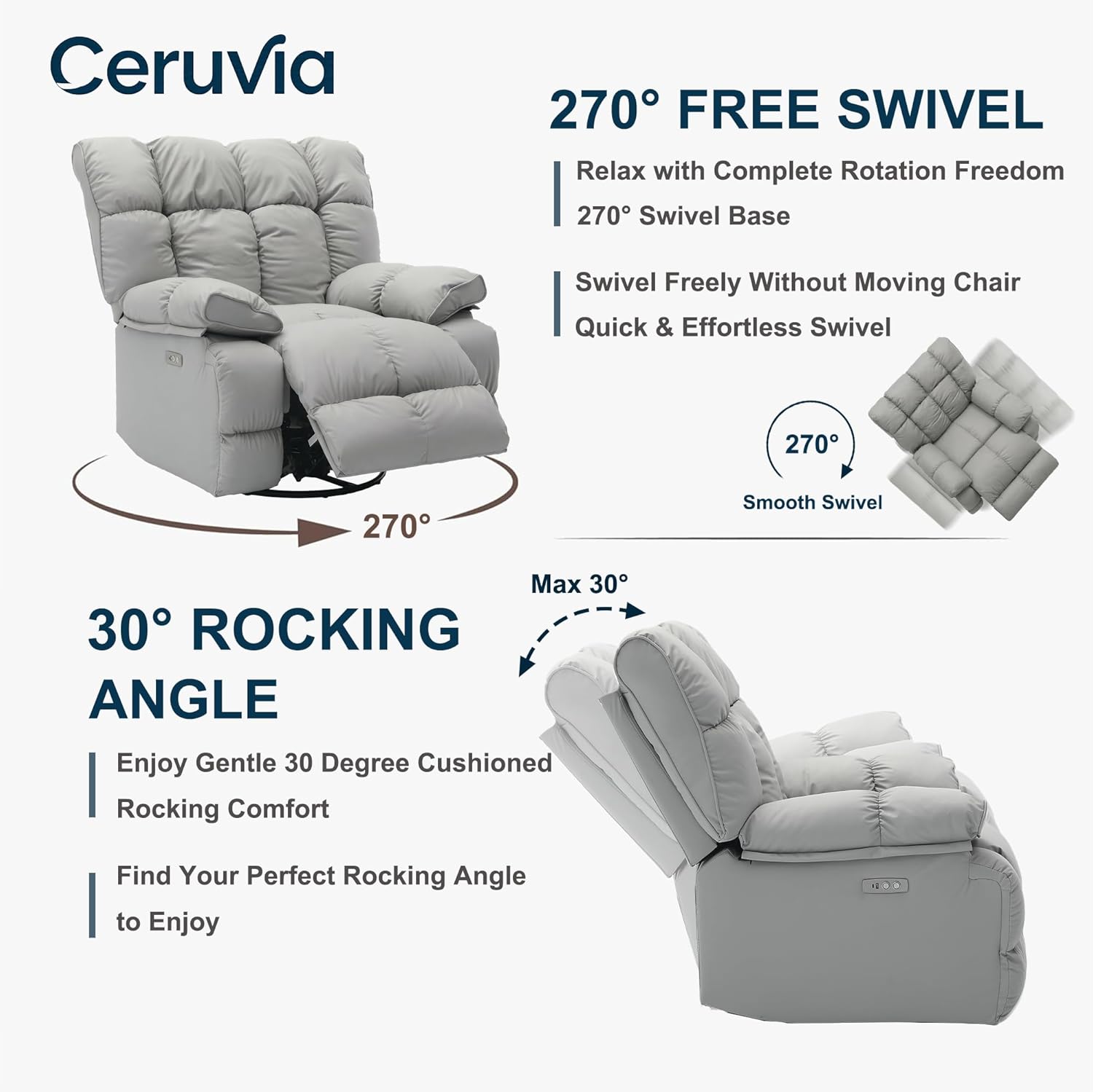 Oversized Power Recliner Chair, Pet Scratch Resistant Faux Leather, Modern Rocking & Swivel Single Sofa for Big and Tall with USB & Type C Charge Ports, Living Room, Bedroom, Gray | Scratch Resistant