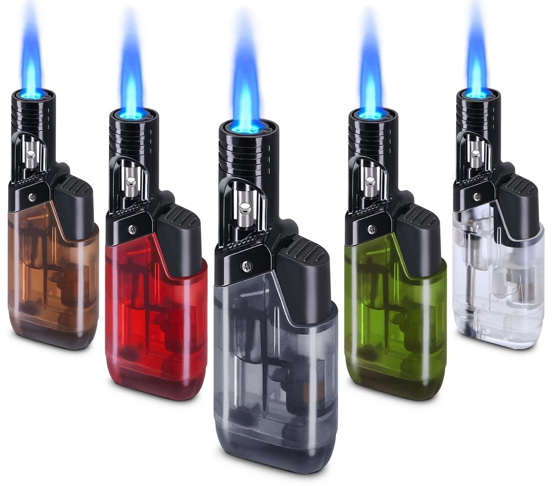 Lot de 5 briquets coupe-vent avec fenêtre de visualisation du carburant transparente, briquets butane portables réglables pour le camping et les bougies (carburant non inclus)