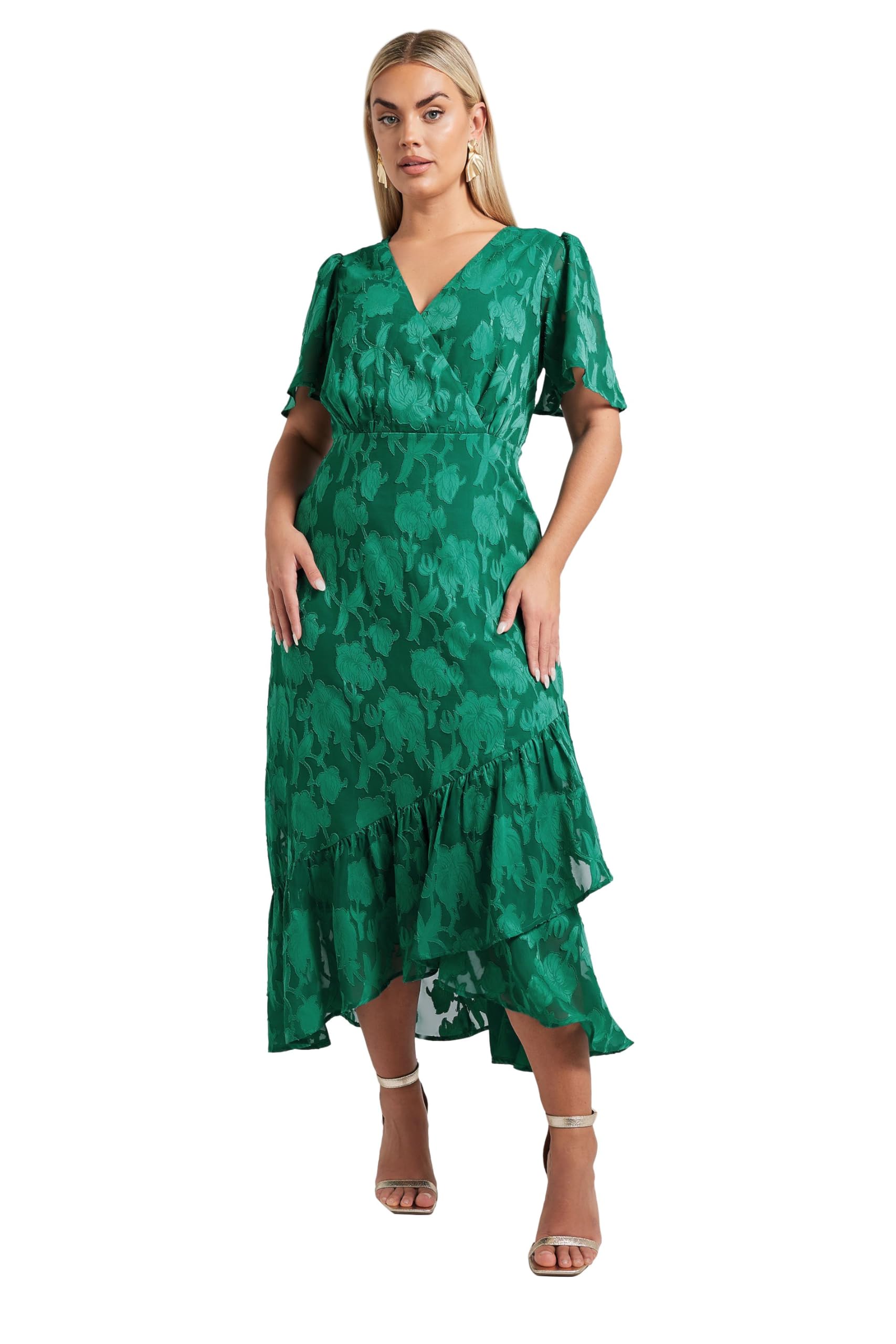 Yours London Curve Jacquard Floral Wrap Ruffle Hem Dress - Women's - Plus Size Curve Green