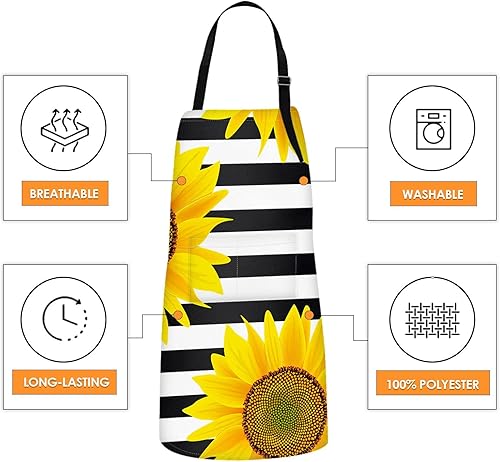 Miniatura 3 de Britimes Delantal de cocina para el hogar, cocina, horneado, jardinería para mujeres y hombres con bolsillos, girasoles a rayas, flores blancas y