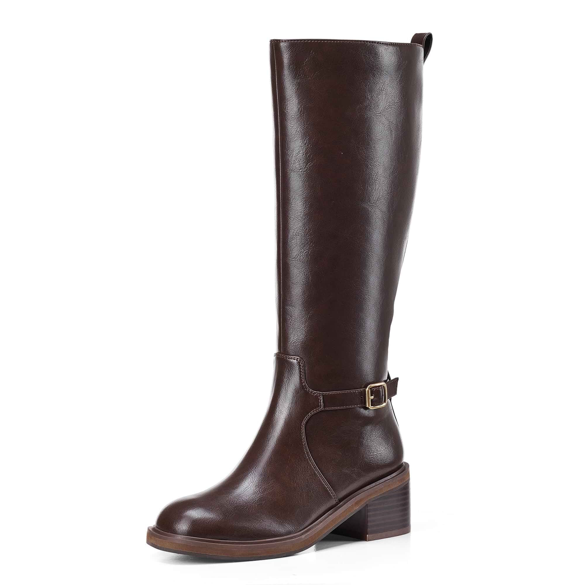 GENSHUO Women's Knee High Boots Round Toe Chunky Block Heel 2 Inch Low Heel Side Zipper Decorative Buckle PU Tall Riding Boots for Women