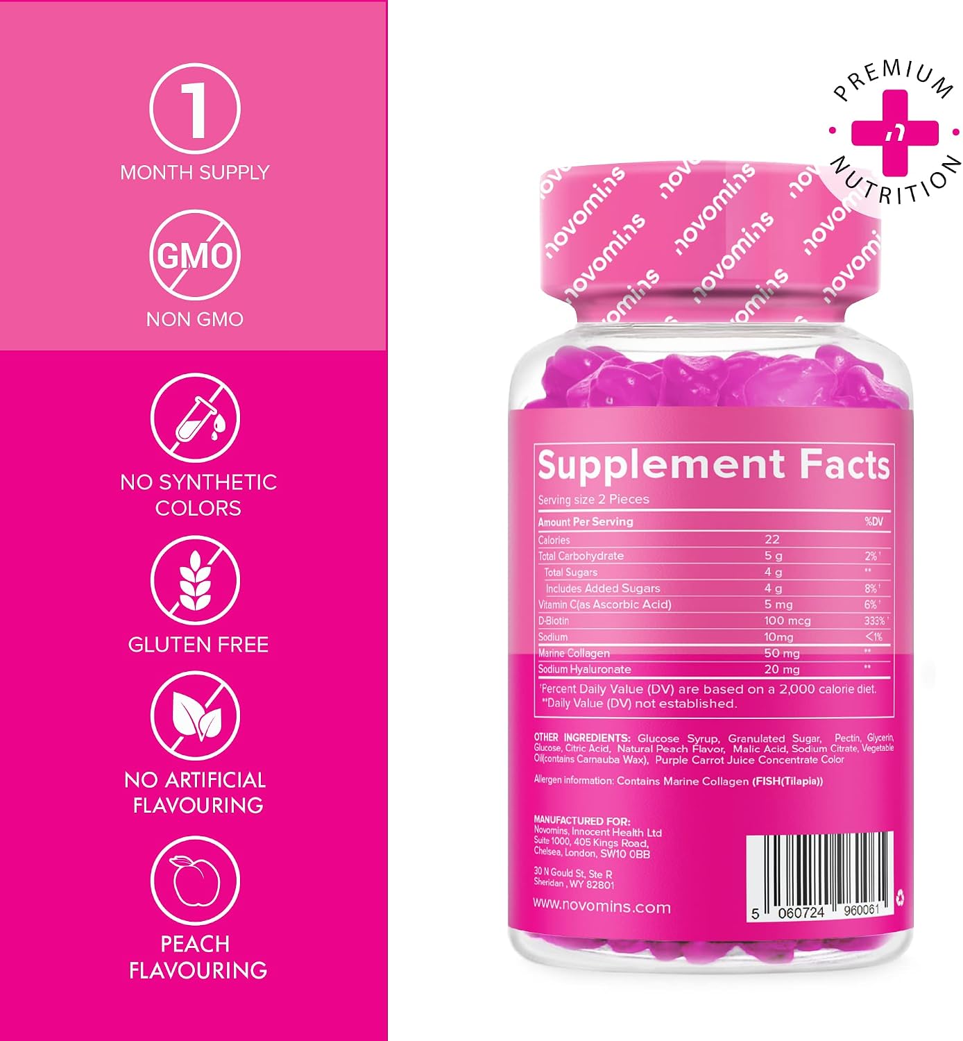 Collagen Gummies – Hydrolysed Marine Collagen for Women and Men – Anti Aging, Hair Growth, Skin Care & Strong Nails Protein Collagen Supplements – Collagen Gummy Vitamins - Made by Novomins