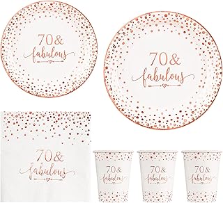 Crisky Rose Gold Foil 70 Fabulous Napkins Plates Cups Set for Women 70th Birthday Party Decorations Supplies, Disposable Tableware Set of 24 (9" Plates, 7" Plates, Luncheon Napkins, 9oz Cups)