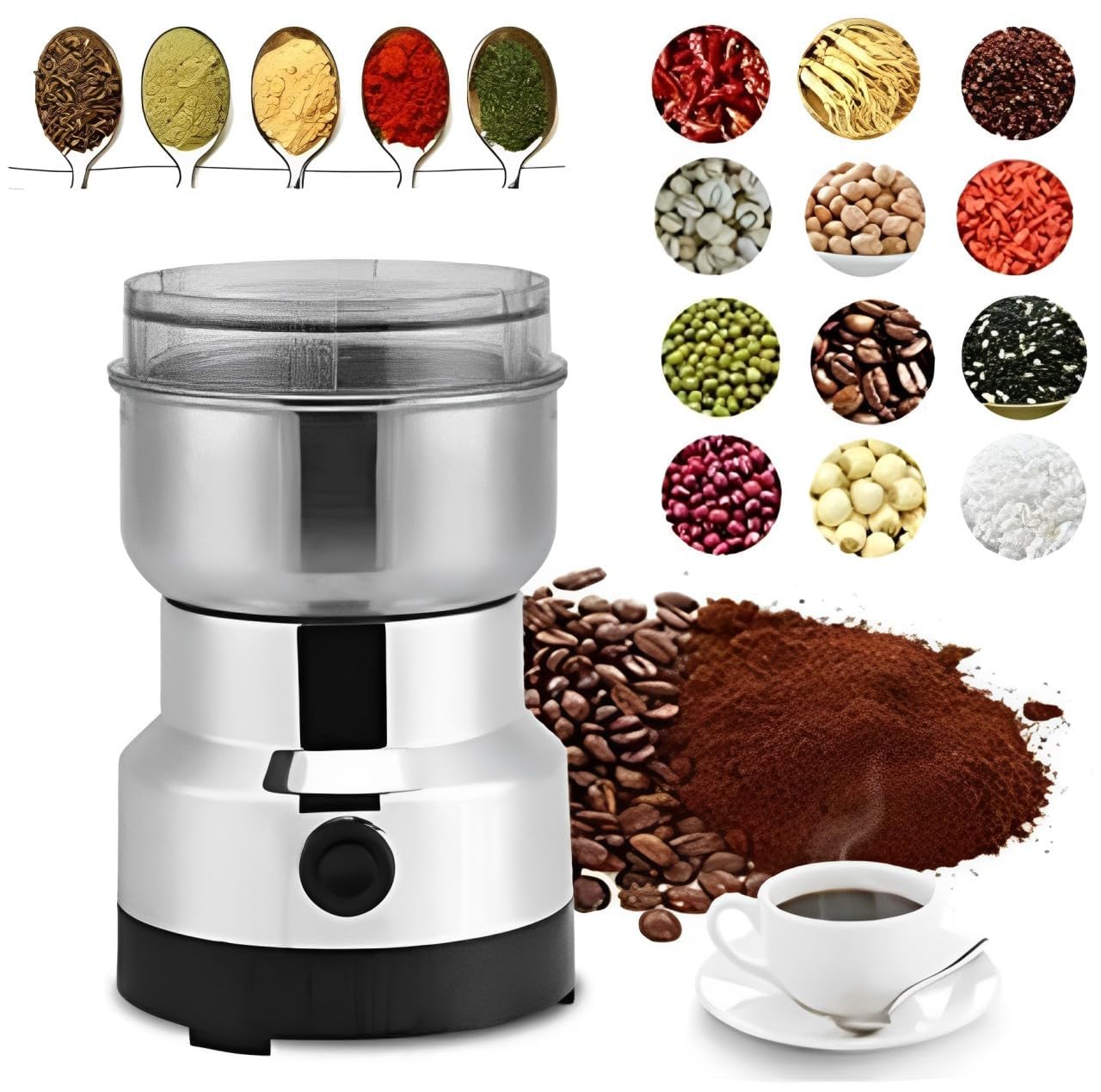 Stainless Steel Electric Grinder & Coffee Maker | Mini Multifunctional Grinder for Coffee Beans, Spices & Masala | Portable Mixer Grinder for Nuts & Grains | Household Kitchen Appliance (Silver)