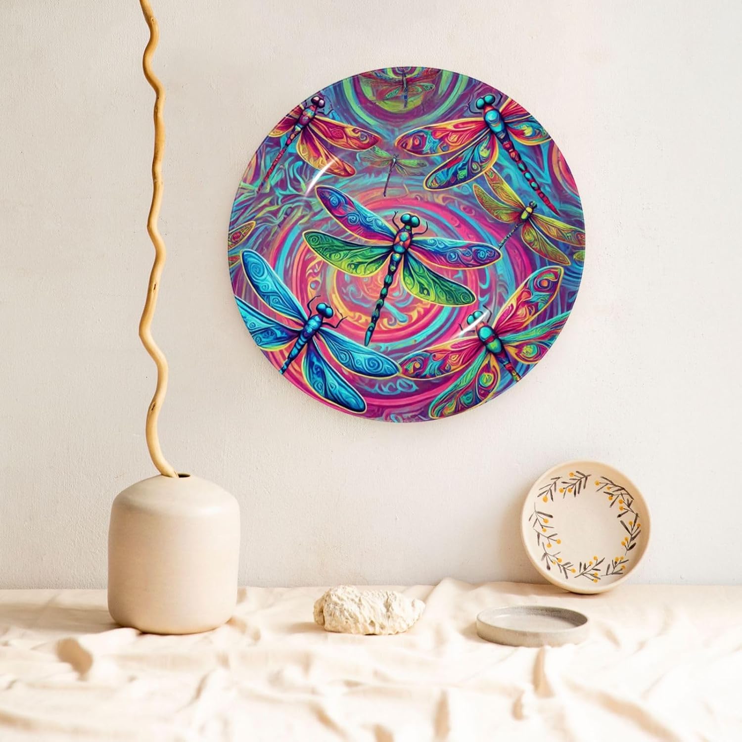 Abstract-Neon-Dragonflies 10 Inch Decorative Plate With Stand, Elegant Display Wall Plate For Home Decor