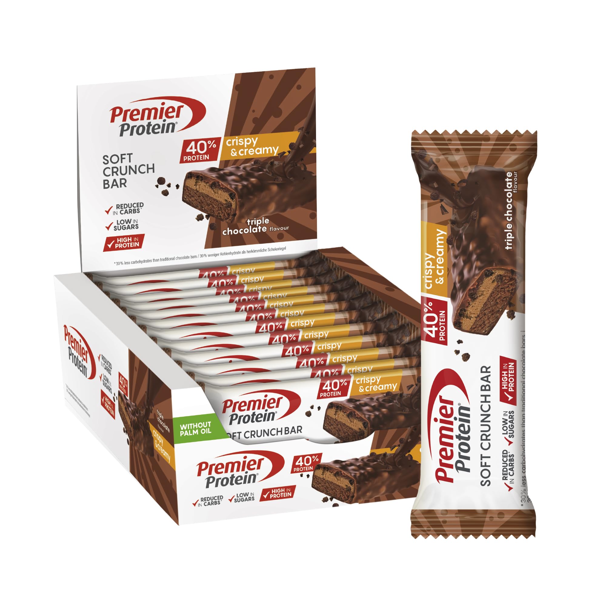Premier Protein Soft Crunch Bar 40% Protein Triple Chocolate 12x40g - Hoher Proteingehalt + Low Sugar + Palmölfrei