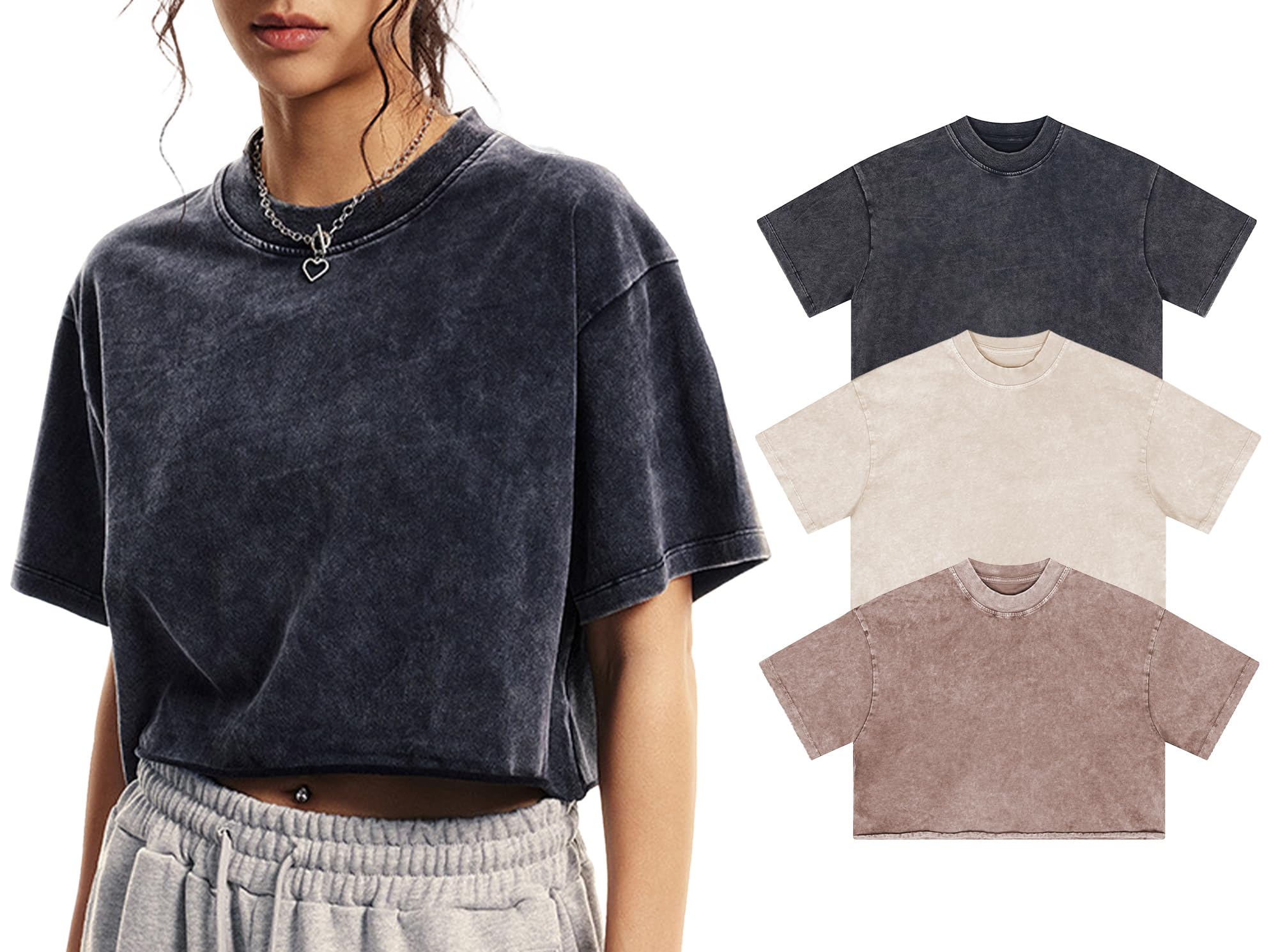 Womens Oversized Vintage T Shirts Casual Cropped Tees Short Sleeve Cotton Acid Wash Tops Summer Grunge Shirts 3pc:black+apricot+khaki Small