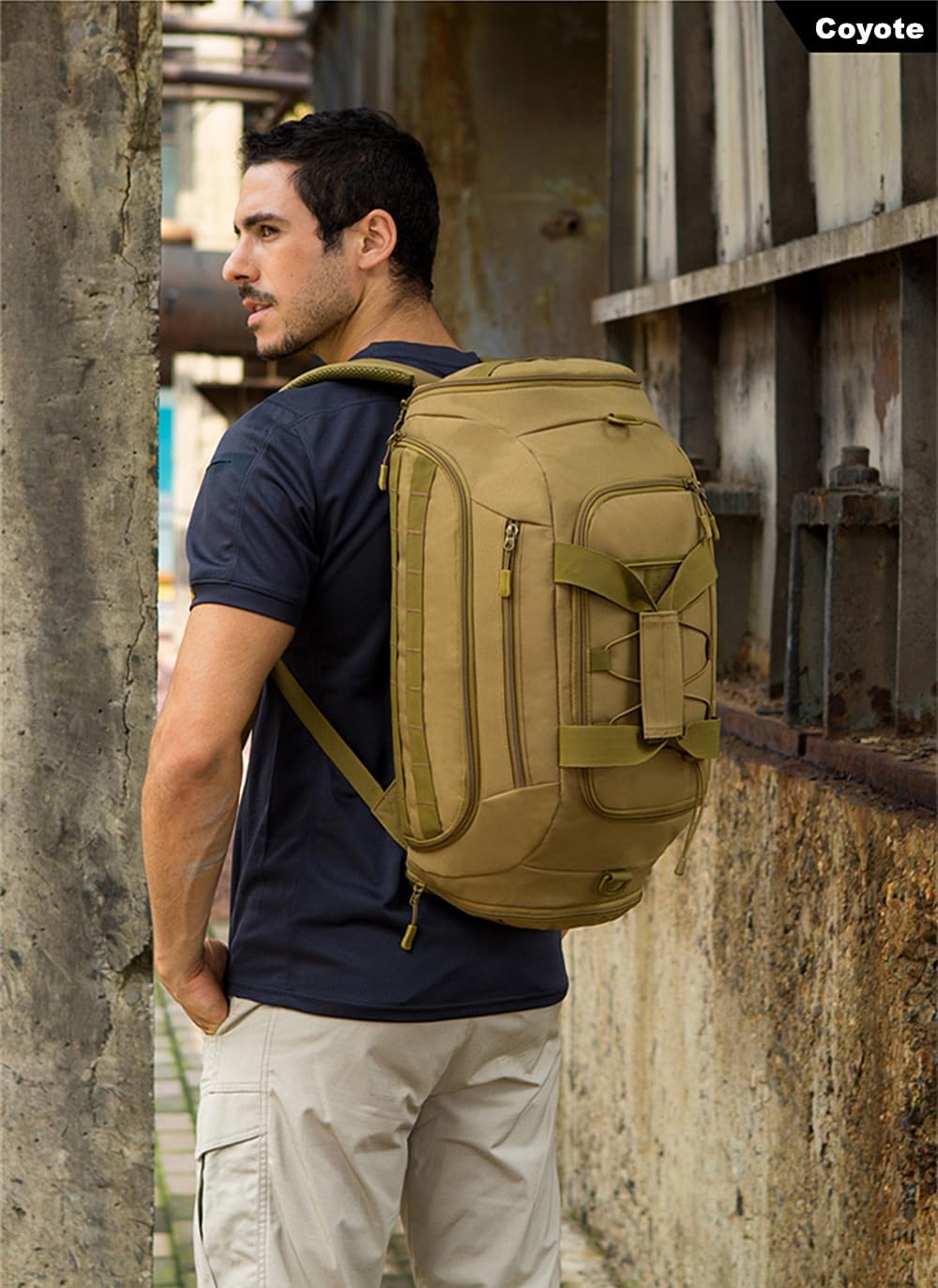 UNISTRENGH 3-Ways Tactical Military Nylon Men Holdall Weekend Travel Duffel Bag Backpack Messenger Shoulder Bags Rucksack Handbag (Coyote-45L)